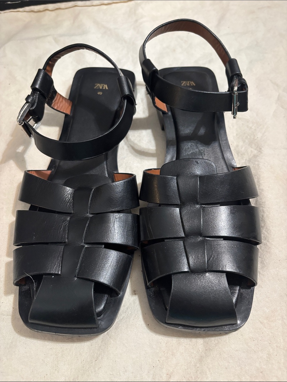 Zara Black Woven Leather Ankle-Strap Sandals